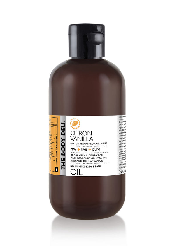 Citron vanilla body oil for nourishing skin care p[roduct